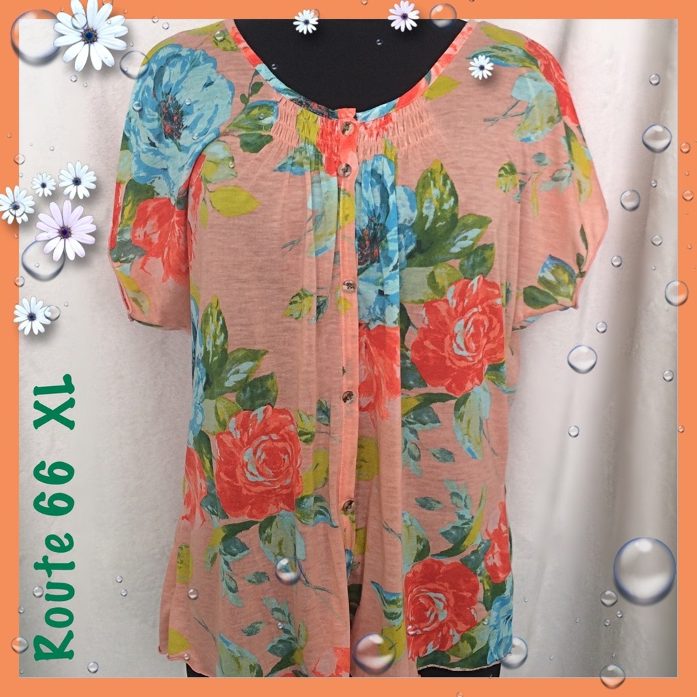 Route 66 Peach Floral Print Button Front Blouse XL